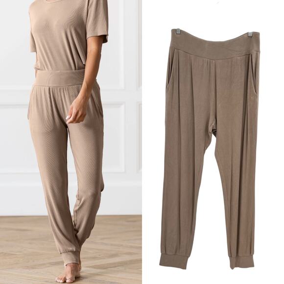 Cozy Earth Bamboo Rib-Knit Jogger Pants Lounge Brown Beige Size Large - Picture 1 of 10
